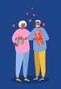 Illustration in flat style - a married couple of black elderly people give each other gifts for valentine`s day.